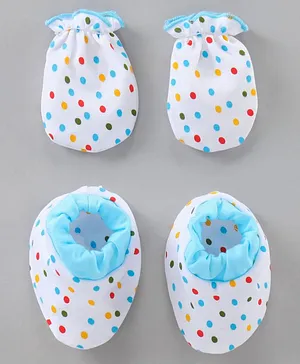 Child World Mittens & Booties Set Polka Dots Print - White Blue