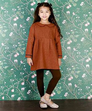 The Mom Store Girls Full Sleeves Flannel Dress And Leggings Combo - Ginger And Brown