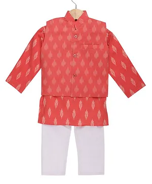 The Mom Store Full Sleeves Ethnic Print Kurta With Jacket & Pajama - Salmon Pink