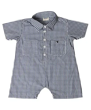 Enfance Short Sleeves Checked Collar Romper - Blue