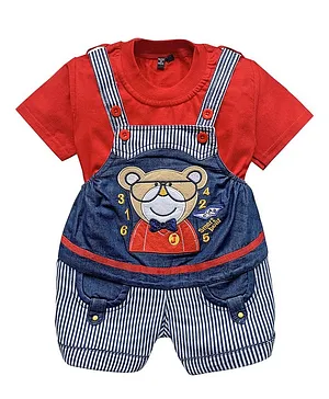 Dapper Dudes Bear Patch Dungaree With Half Sleeves Tee - Red