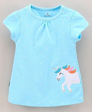 Child World Cap Sleeves Frock Polka Dot & Unicorn Print - Blue