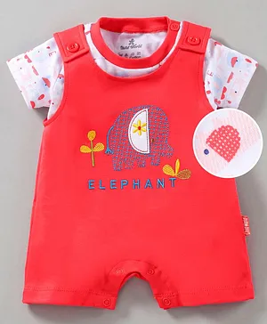 Child World Dungaree Style Rompers With Half Sleeves Tee Elephant Print - Red