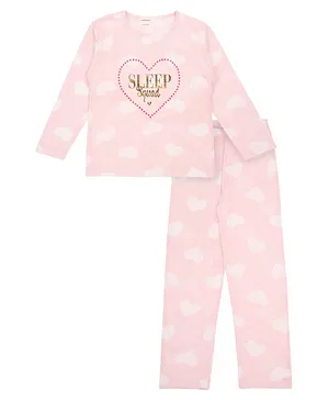 RAINE AND JAINE Full Sleeves Sleep Squad Heart Print Tee And Pajama Set - Pink