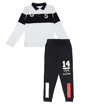 RAINE AND JAINE Full Sleeves Color-Block Tee And Team Player Text Print Joggers Set - White And Navy Blue