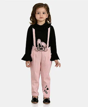 Peppermint Girls Full Sleeves Striped Dungaree With Top Set - Peach
