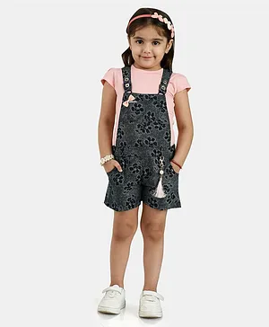 Peppermint Bow Applique And Glitter Dungaree And Half Sleeves Top Set - Navy Blue
