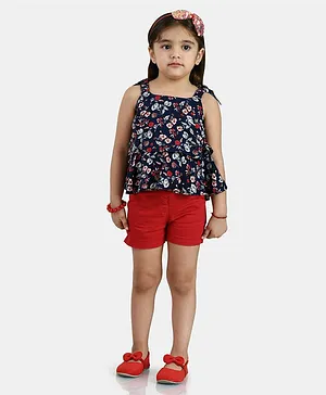 Peppermint Solid Shorts And Sleeveless Floral Print Top Set - Navy Blue