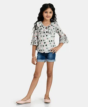 Peppermint Three Fourth Sleeves All Over Heart Printed Top - Grey