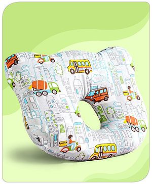 Babyhug Memory Foam Pillow Transport Print - Blue| Prevents Flat-Head Syndrome| Firm and Supportive| Supports Neck and Shoulders| Soft Breathable Fabric| Washable| Travel Friendly| Suitable for New Born