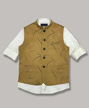 Charchit Full Sleeve Shirt With Printed Ethnic Jacket - Brown