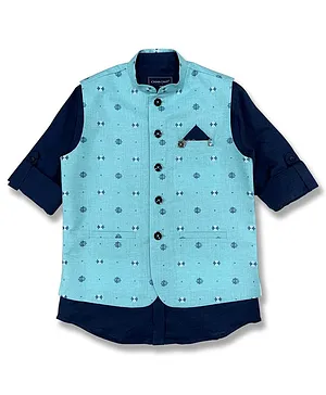 Charchit Full Sleeve Shirt With Printed Ethnic Jacket - Light Blue