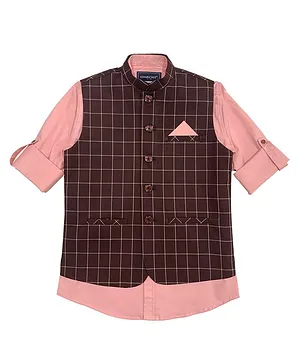 Charchit Full Sleeve Checked Ethnic Jacket Shirt - Maroon