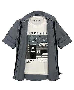 Charchit Full Sleeves Striped Jacket With Tee - Grey