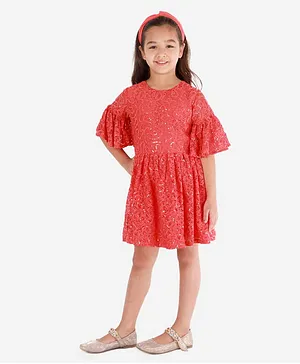 KIDSDEW  Half Sleeves Floral Lace Dress - Orange