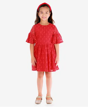 KIDSDEW  Half Sleeves Floral Lace Dress - Red