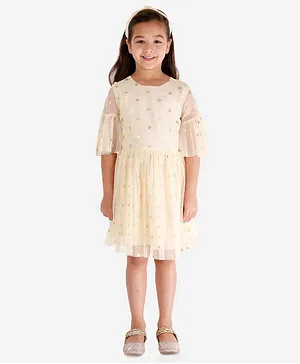 KIDSDEW Half Sleeves Star Print Dress - Beige