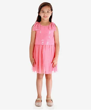 KIDSDEW Sleeveless Sequined Bow Detailed Dress - Pink