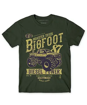 THREADCURRY Half Sleeves Bigfoot Monster Truck Graphic Print Tee - Green