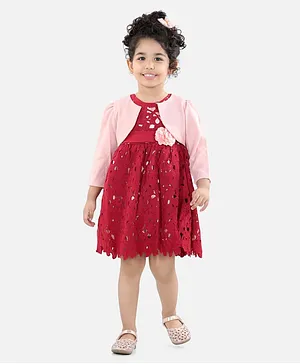 WhiteHenz Clothing Sleeveless Floral Applique Dress With Full Sleeves Jacket - Maroon And Pink