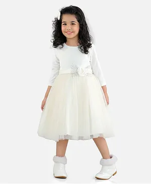WhiteHenz Clothing Full Sleeves Floral Applique Velvet Dress - Cream