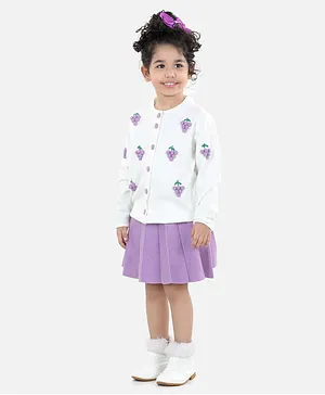WhiteHenz Clothing Full Sleeves Woolen Grapes Applique Top And Solid Short Skirt - White And Mauve