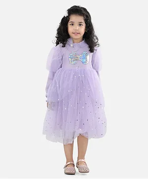 WhiteHenz Clothing Full Sleeves Sequin Stars And Bow Winter Frock - Mauve