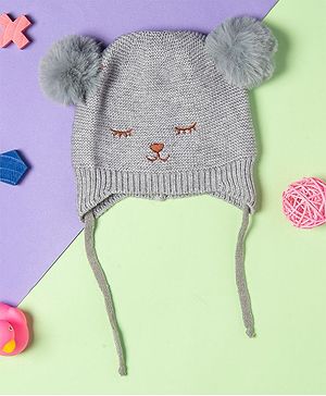 Baby Moo Pom Pom Detailing Tie Knot Cap - Grey