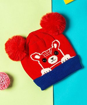 Baby Moo Teddy & Pom Pom Design Beanie - Red