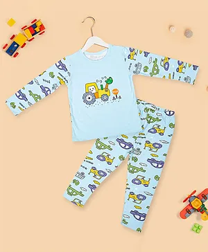 Baby Moo Full Sleeves Construction Vehicle Printed Night Suit - Light Blue