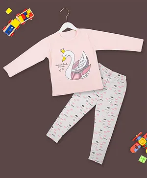 Baby Moo Full Sleeves Unicorn Print Night Suit - Pink White