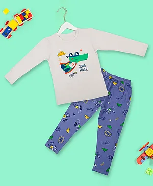 Baby Moo Full Sleeves Super Crocodile Printed Night Suit - Grey & Blue