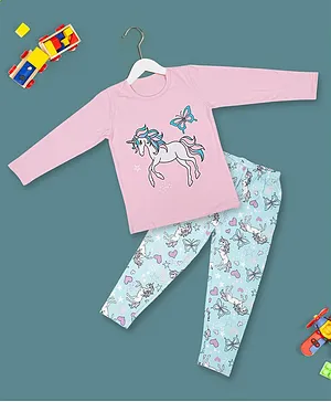 Baby Moo Full Sleeves Unicorn Print Night Suit - Blue Pink