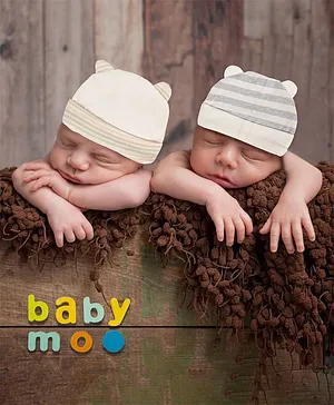 Baby Moo 3D Ears Stripes Caps Pack Of 2 - Beige