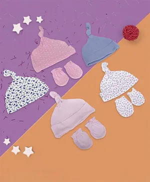 Baby Moo 5 Caps And 3 Pairs Mittens Gift Set - Pink Blue And White