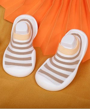 Baby Moo Rubber Mesh Detailed Striped Slip On Shoes  - Brown & White