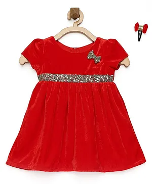 Many frocks & Cap Sleeves Sequins Bow Embellished Dress With Hair Clip - Red
