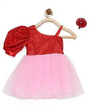 Many frocks & Half Sleeves Beads Embellished Dress With Clip - Pink Red