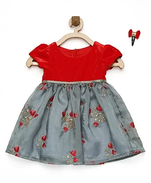 Many frocks & Cap Sleeves Floral Embroidered Party Dress With Hair Clip- Grey Red