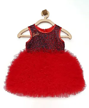 Barbie By Many Frocks & Sleeveless Sequins Balloon Dress - Red