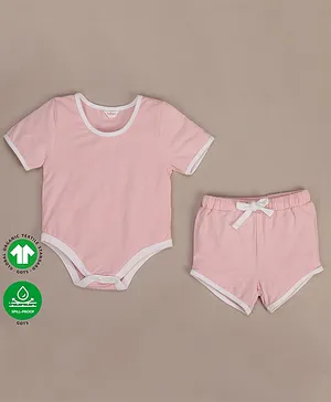 Kidbea Half Sleeves Solid Onesie With Shorts - Pink