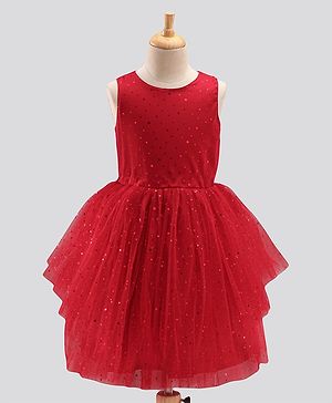 Pine Kids Biowash Party Wear Sleeveless Frock Foil Detailing - Red