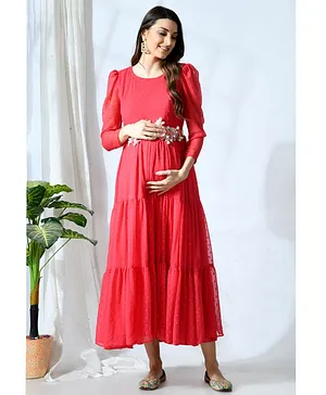 Mometernity Full Sleeves Maternity Dress With Floral Belt - Pink