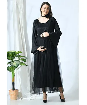 Mometernity Full Sleeves Solid Colour Flared Maternity Gown - Black