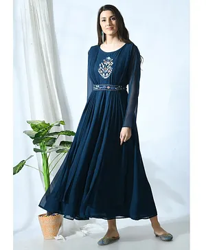 Mometernity Full Sleeves Embroidery Detailing Indo Western Maternity Gown - Navy Blue