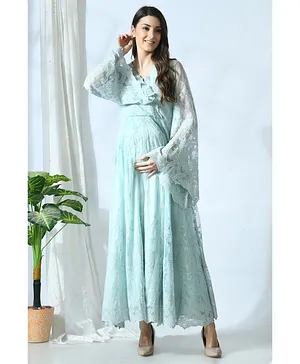 Mometernity Full Sleeves All Over Embroidered Maternity Gown With Detachable Trail - Sea Green
