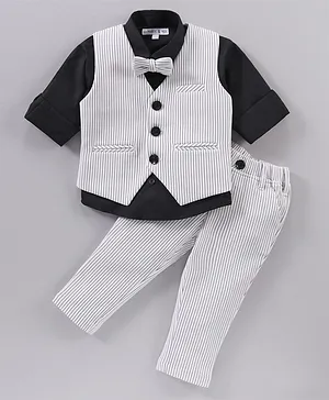 Mark & Mia Woven Full Sleeves Solid Shirt & Trouser Set With Waistcoat & Bow - White & Black