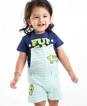 Babyoye Half Sleeves Cotton Yarn Dyed Dungaree Style Romper With Inner Tee Text & Stripes Print - Blue