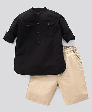 Pine Kids Full Sleeve Solid Kurta Shirt and Shorts Set Softener Wash - Black Beige