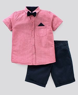 Pine Kids Half Sleeve Shirt and Shorts Set with Bow - Pink Navy